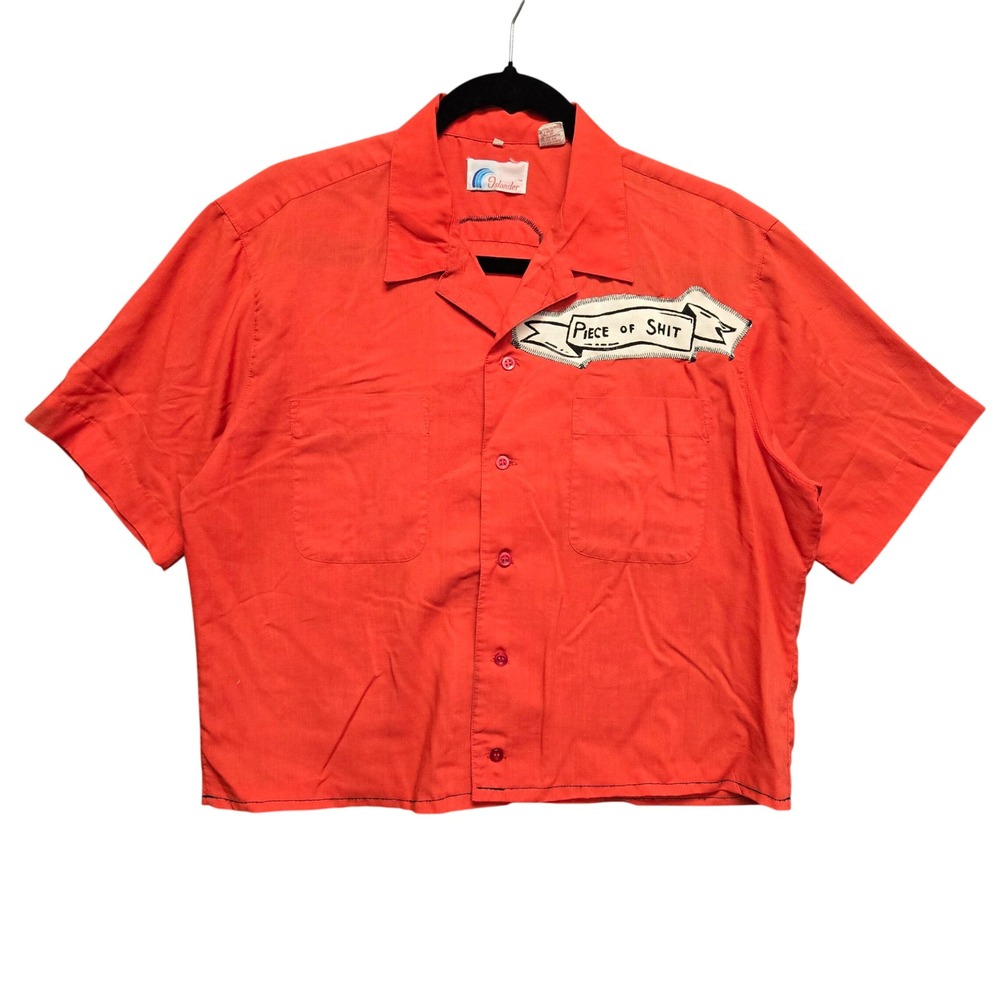 Islander Red Bowling Shirt Cotton Cropped Camp Shirt Patches Funny Patch Medium